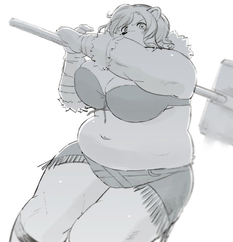 anthro belly big_breasts blush breasts cleavage clothed clothing female humanoid_hands kemono looking_at_viewer navel simple_background slightly_chubby solo weapon white_background sv_grart bear mammal 2018 greyscale monochrome