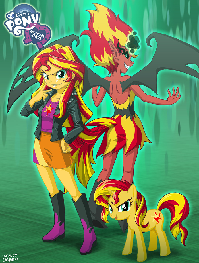 anthro anthrofied boots bottomwear breasts clothed clothing corruption cutie_mark duo evil_grin female footwear fur green_eyes hair horn jacket membrane_(anatomy) membranous_wings multicolored_hair red_hair shoes size_difference skirt smile square_crossover standing topwear wings yellow_body yellow_fur yellow_skin uotapo equestria_girls friendship_is_magic hasbro my_little_pony mythology demon_shimmer_(eg) sunset_shimmer_(eg) demon equid equine mammal mythological_creature mythological_equine unicorn