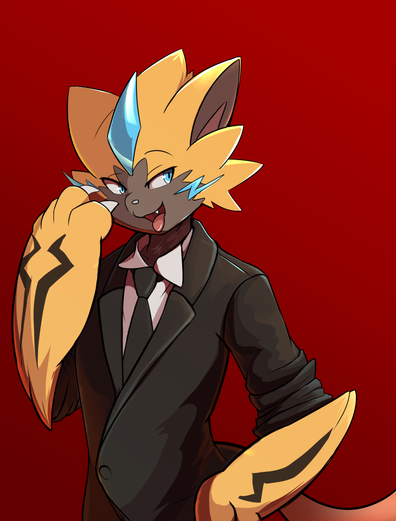 4_fingers anthro big_hands black_clothing black_markings black_suit blue_eyes claws clothing fangs finger_claws fingers fur hand_on_face male markings necktie open_mouth red_background simple_background smile solo suit teeth tongue tongue_out yellow_body yellow_fur toshabi nintendo pokemon generation_7_pokemon legendary_pokemon pokemon_(species) zeraora 2024 shaded