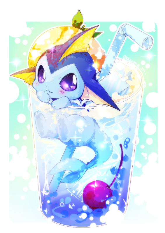 ambiguous_gender bendy_straw beverage cherry citrus_fruit detailed_food drinking_straw feral food fruit ice_cube plant simple_background solo azuma_minatsu nintendo pokemon eeveelution generation_1_pokemon pokemon_(species) vaporeon 2017 detailed