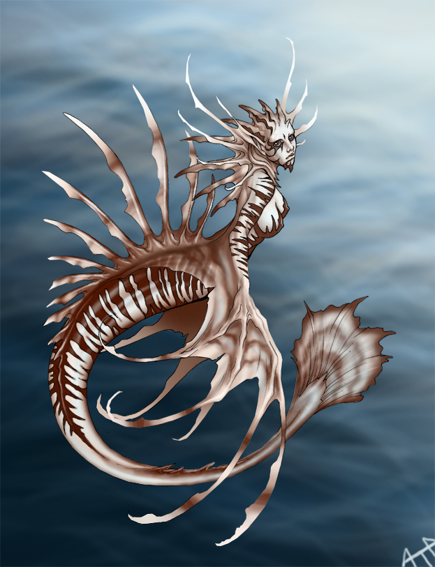 anthro breasts female fin looking_at_viewer nipple_outline nipples non-mammal_breasts non-mammal_nipples nude solo spines split_form stripes water rukis fish lionfish marine merfolk scorpaeniform