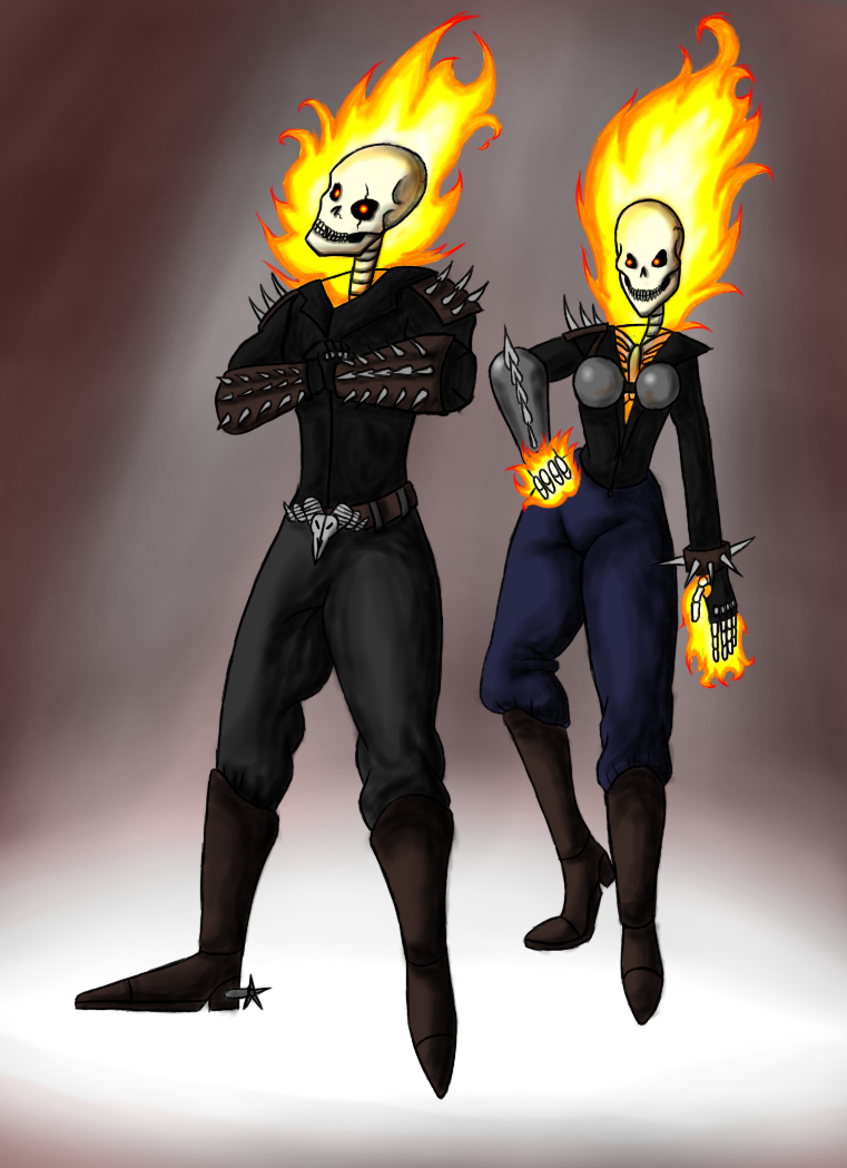 bone boots clothed clothing duo female fingerless_gloves footwear gloves handwear male not_furry shoes skull smile standing teeth xscar10 marvel ghost_rider humanoid