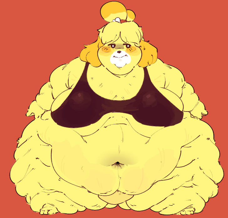 anthro arm_rolls belly big_belly big_breasts blonde_hair breasts chubby_cheeks deep_navel double_chin fat_arms fat_legs fat_rolls female fupa fur hair huge_belly leg_rolls love_handles morbidly_obese morbidly_obese_anthro morbidly_obese_female navel obese obese_anthro obese_female overweight overweight_anthro overweight_female red_background simple_background smile solo yellow_body yellow_fur cloudboyo animal_crossing nintendo isabelle_(animal_crossing) canid canine canis domestic_dog mammal shih_tzu toy_dog