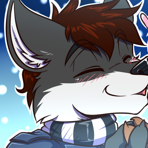 anthro blush brown_hair duo fur grey_body grey_fur hair male white_body white_fur katsuke joe_(physicswolf) canid canine canis mammal wolf 1:1 icon low_res