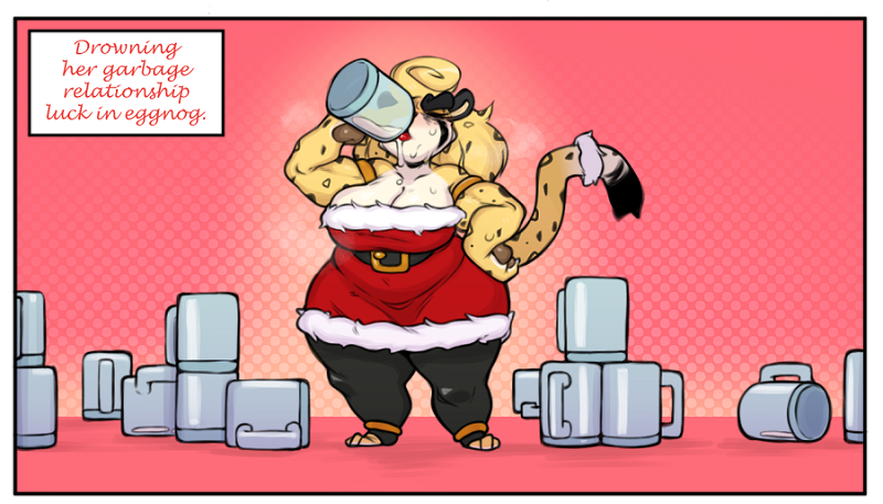 accessory alcohol anthro beverage blonde_hair breasts brown_pawpads christmas_clothing cleavage clothed clothing container cup drinking eggnog eyes_closed female footwear fur furgonomics hair holidays legwear markings mug pawpads paws pink_background simple_background socks spots spotted_body spotted_fur spotted_markings stockings tail tail_accessory tailband text toeless_footwear toeless_legwear toeless_socks toeless_stockings white_body white_fur yellow_body yellow_fur xingscourge christmas new_year auntie_lydia_(xingscourge) cheetah felid feline mammal 2024 english_text