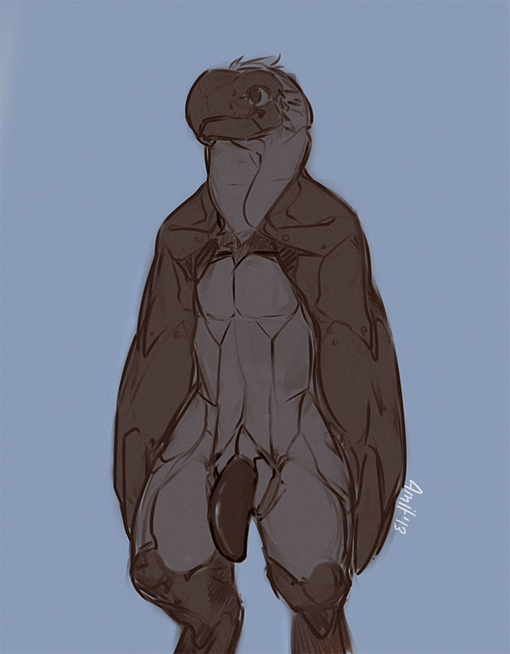 abs animal_genitalia anthro beak biceps biped black_eyes blue_background cybernetics digitigrade feathered_wings feathers flaccid genitals grin machine male metal muscular muscular_anthro muscular_male pecs penis pose presenting prosthetic simple_background smile solo standing wings amit avian bird cyborg 2013 monochrome sketch