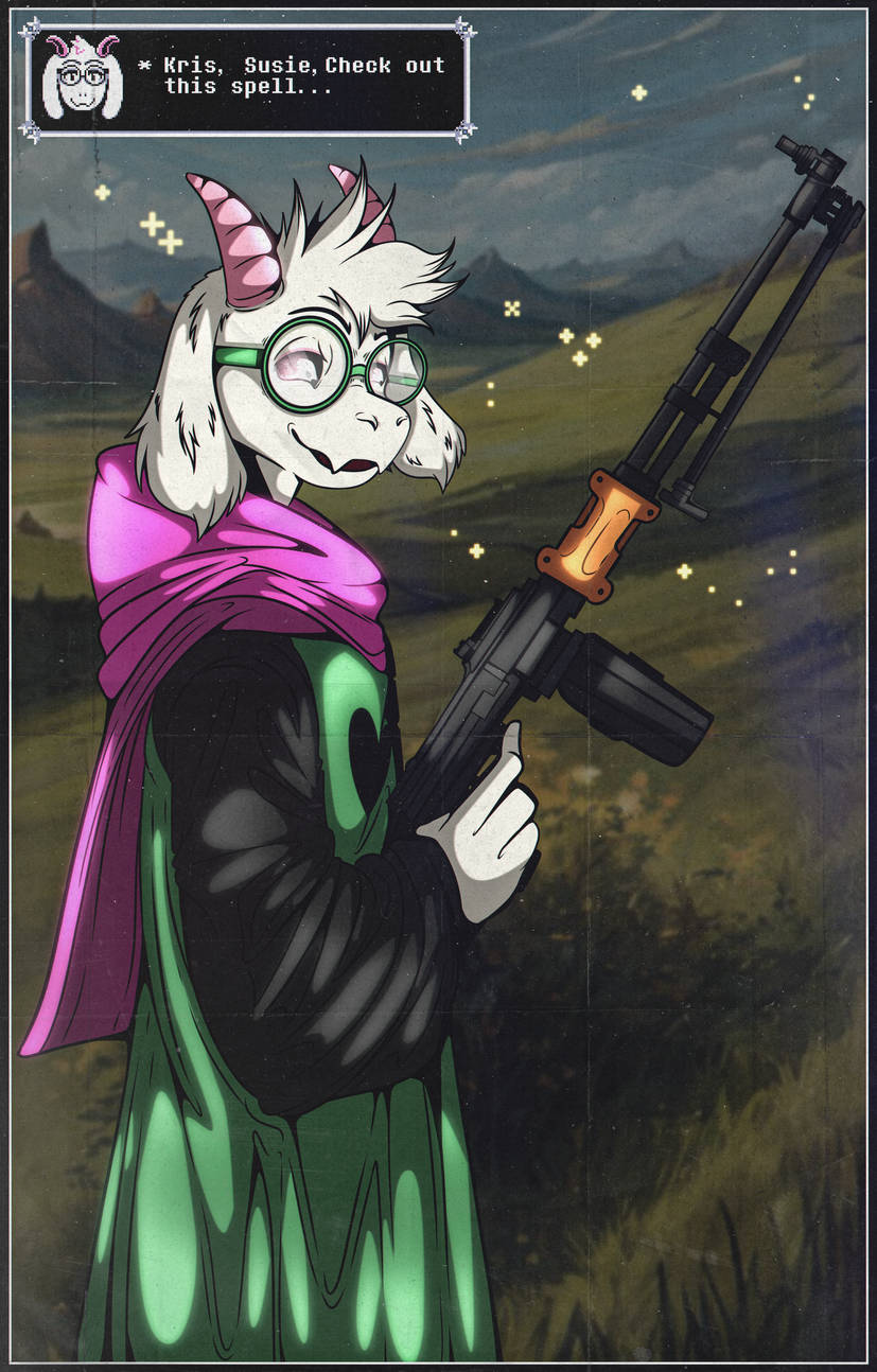 anthro clothing eyewear fluffy glasses gun horn machine_gun male pink_eyes ranged_weapon rifle robe scarf solo text vintage weapon 0l-fox-l0 deltarune undertale_(series) ralsei boss_monster_(undertale) bovid caprine goat mammal hi_res meme