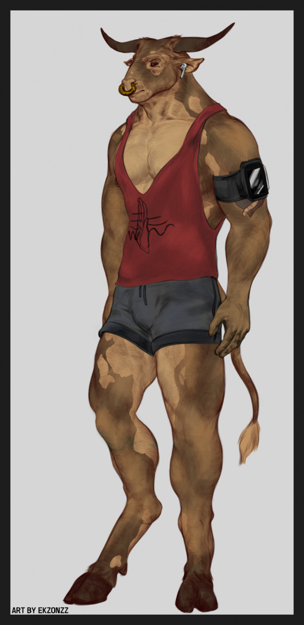 anthro black_border black_eyes border bottomwear clothing earbuds electronics facial_piercing headphones hooves horn hotpants male muscular muscular_anthro muscular_male nose_piercing nose_ring pecs piercing portable_music_player ring_piercing shirt shorts simple_background solo standing tank_top topwear ekzonzz bovid bovine cattle mammal 2021 hi_res