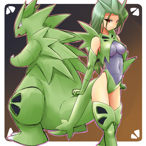 alternate_species ambiguous_gender anthro biped breasts clothing costume duo female green_hair hair humanoidized long_hair pokemon_costume pokemorph red_eyes tail ranphafranboise nintendo pokemon animal_humanoid generation_2_pokemon humanoid pokemon_(species) pokemon_humanoid reptile scalie tyranitar 1:1 2010 low_res