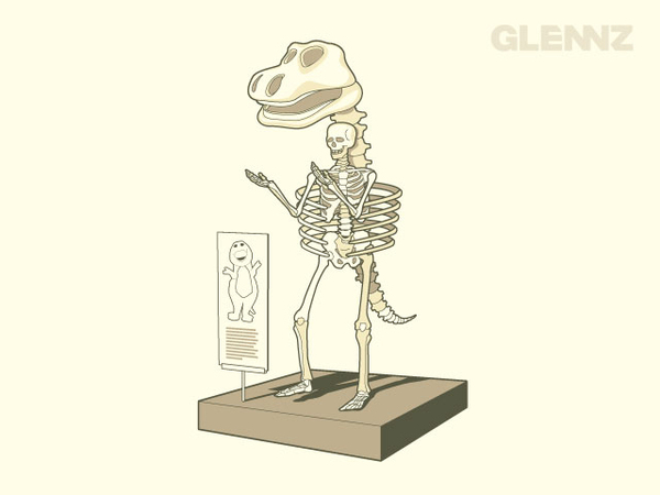 ambiguous_gender bone cosplay museum sign skeleton solo tail glenn_jones barney_and_friends pbs barney_the_dinosaur dinosaur human mammal prehistoric_species reptile scalie 4:3 digital_media_(artwork) light_theme monochrome shaded