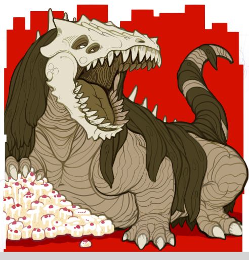 ambiguous_gender cake dessert feral food scp-871 sharp_teeth simple_background solo teeth sarikyou scp_foundation scp-682 monster scalie