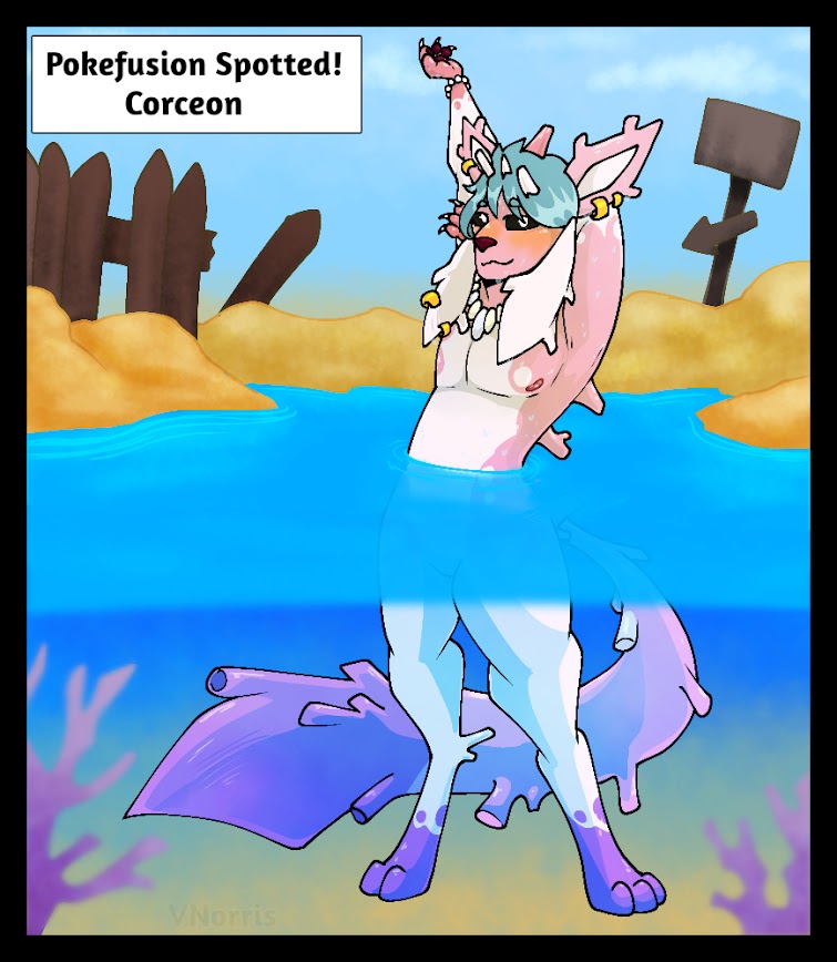 anthro beach_background black_border black_sclera blue_hair border claws dark_nose ear_piercing ear_ring fusion hair horn intersex jewelry long_tail maleherm necklace nipples pawpads paws pearl_bracelet piercing pink_body pokemon_fusion ring_piercing solo stretching tail text_box underwater water white_body puppetmaster13uwu nintendo pokemon anthozoan cnidarian coral corsola eeveelution generation_2_pokemon generation_4_pokemon glaceon hybrid marine pokemon_(species) cel_shading shaded