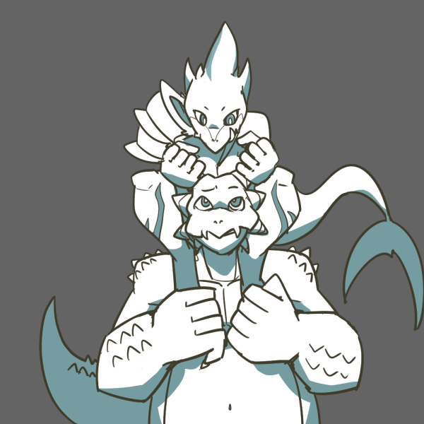 anthro carrying_another duo female horn male nude on_shoulders on_top on_top_of simple_background size_difference tail thick_tail sumisu mythology nyjasca xhyra dragon fish marine mythological_creature mythological_scalie scalie shark 1:1 monochrome sketch