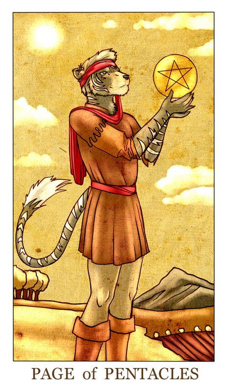 anthro black_body black_fur card card_template clothed clothing cloud fortune_telling fur hair male minor_arcana mountain occult_symbol outside page_(servant) page_of_pentacles_(tarot) pentacle pentacles_(tarot) plant sky solo sun symbol tarot tarot_card tree white_body white_fur white_hair feralise articus felid mammal pantherine tiger