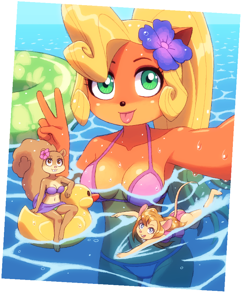 accessory anthro bikini blep blonde_hair blue_eyes breasts brown_eyes buckteeth butt clothed clothing female flower flower_in_hair fur gesture green_eyes group hair hair_accessory hand_gesture inflatable inner_tube long_hair looking_at_viewer navel one-piece_swimsuit open_mouth open_smile partially_submerged plant rubber_duck selfie size_difference smile swimming swimwear teeth tongue tongue_out two-piece_swimsuit v_sign water wet wet_body wet_fur kempferzero activision chip_'n_dale_rescue_rangers crash_bandicoot_(series) disney nickelodeon spongebob_squarepants coco_bandicoot gadget_hackwrench sandy_cheeks bandicoot mammal marsupial mouse murid murine rodent sciurid tree_squirrel crossover