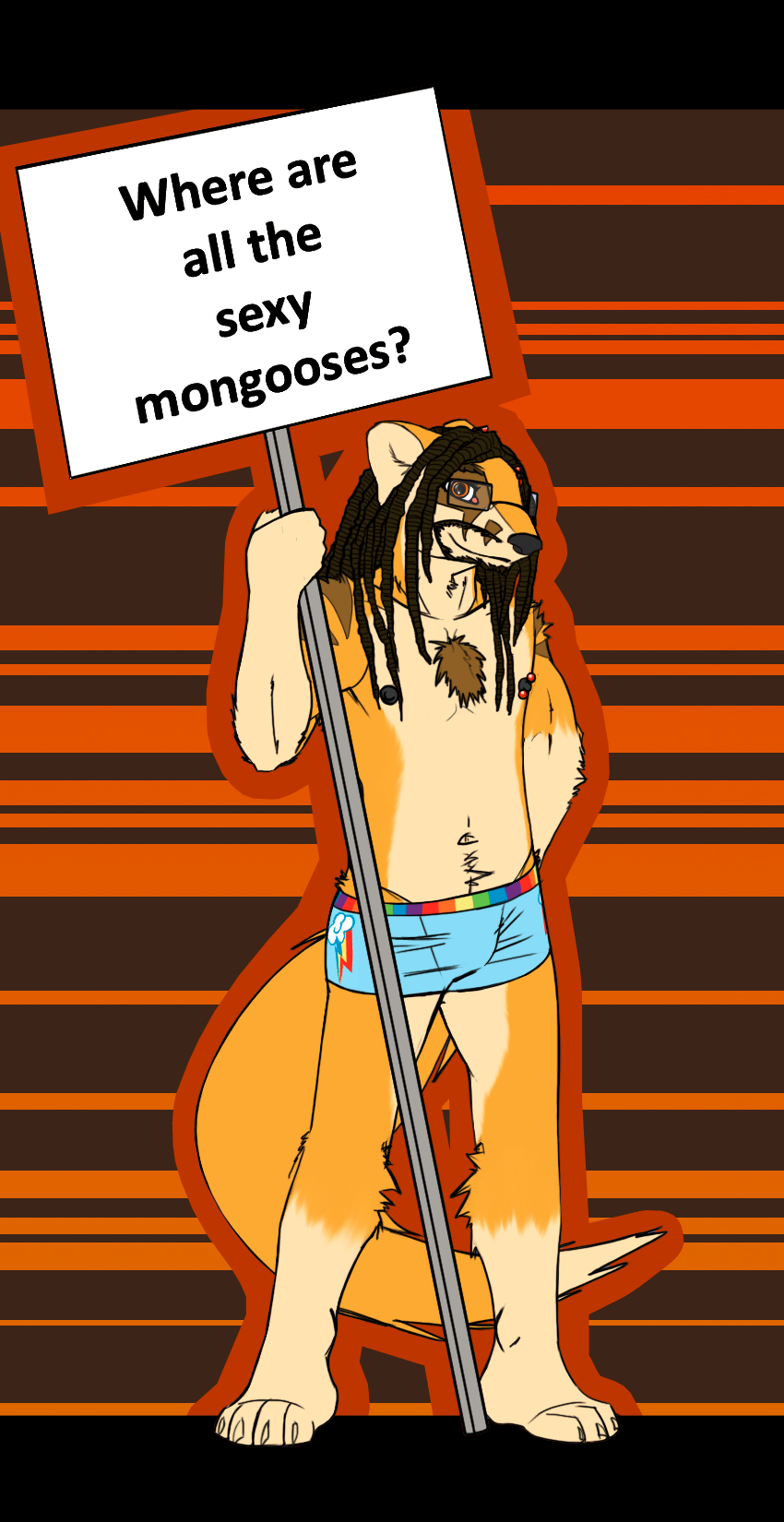 anthro biped boxers_(clothing) briefs bulge clothed clothing dreadlocks ear_piercing eyewear glasses holding_object holding_sign looking_at_viewer male muscular muscular_anthro muscular_male pecs piercing sign smile solo text topless underwear rj_zenith jay_(rj_zenith) herpestid mammal mongoose 2011 english_text hi_res