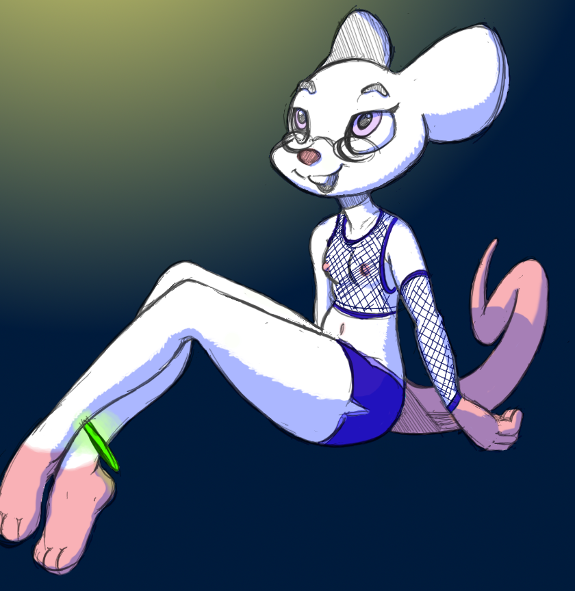 albino anklet anthro bald bottomwear breasts buckteeth clothing dolphin_shorts eyewear female fishnet_clothing fur glasses glowstick jewelry nipples pink_eyes purple_clothing shorts simple_background slim small_breasts smile solo tail teeth thick_tail white_body white_fur bazza smekbo olga_hulhova mammal mouse murid murine rodent sketch