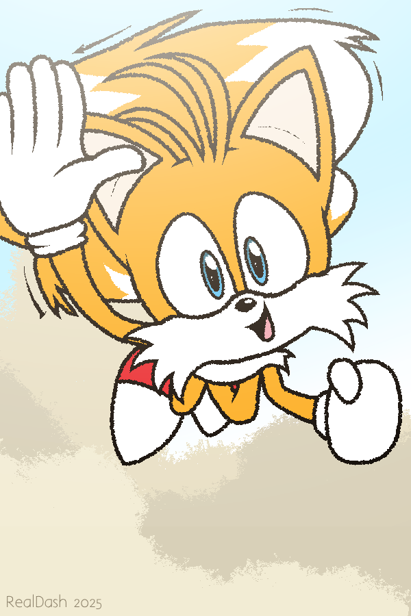 2_tails anthro flying gesture happy looking_at_viewer male multi_tail open_mouth smile solo tail waving waving_at_viewer realdash sega sonic_the_hedgehog_(series) miles_prower canid canine fox mammal 2025 2:3 digital_media_(artwork) signature