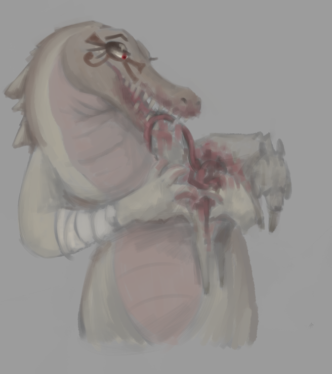 ambiguous_anthro ambiguous_feral ambiguous_gender anthro anthro_pred arm_wraps blood bodily_fluids corpse duo entrails eyebrows eyes_closed feral feral_prey fur gore green_body green_scales grey_background guts half-closed_eyes hard_vore holding_prey hooves horn intestines narrowed_eyes neck_spikes nude open_mouth organs red_eyes scales sharp_teeth simple_background snout teeth unguligrade vore wraps jaspering bovid caprine crocodilian goat mammal reptile scalie 2019 digital_media_(artwork) digital_painting_(artwork) half-length_portrait portrait shaded