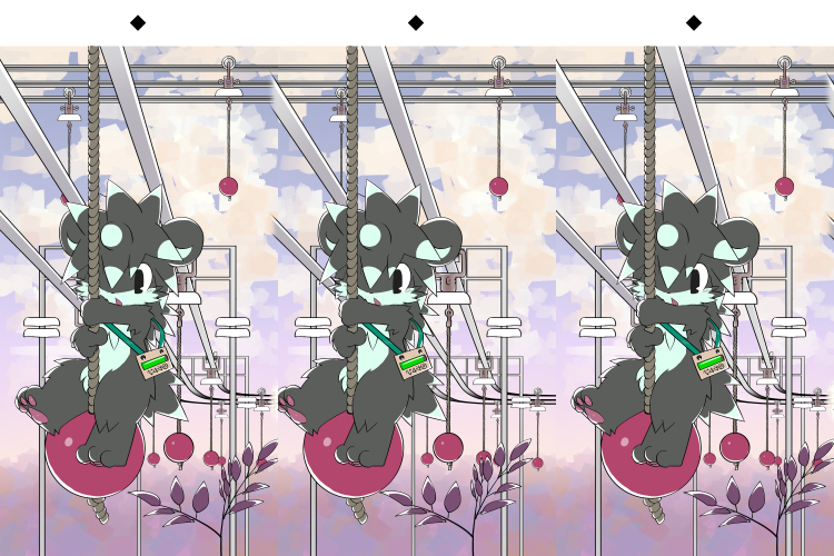 3_toes anthro black_body black_eyes black_fur blue_body blue_fur cloud elevator feet fur kemono male open_mouth outside pawpads sky solo toes konzaburou lintw 3:2 cross_eye_stereogram side_by_side_stereogram stereogram wall_eye_stereogram