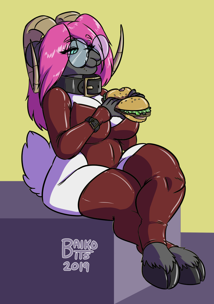 anthro big_breasts breasts burger clothed clothing collar crossed_legs curvy_figure eating eyewear female food glasses green_eyes hair horn legwear pink_hair simple_background smile solo voluptuous wide_hips baikobits baiko bovid caprine mammal sheep 2019