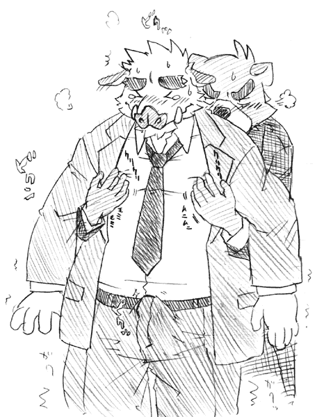 anthro blush bottomwear bulge clothing duo eyes_closed hug hugging_another hugging_from_behind kemono male male/male necktie pants shirt text topwear ryuta-h bear mammal suid suine sus_(pig) wild_boar 2011 japanese_text monochrome