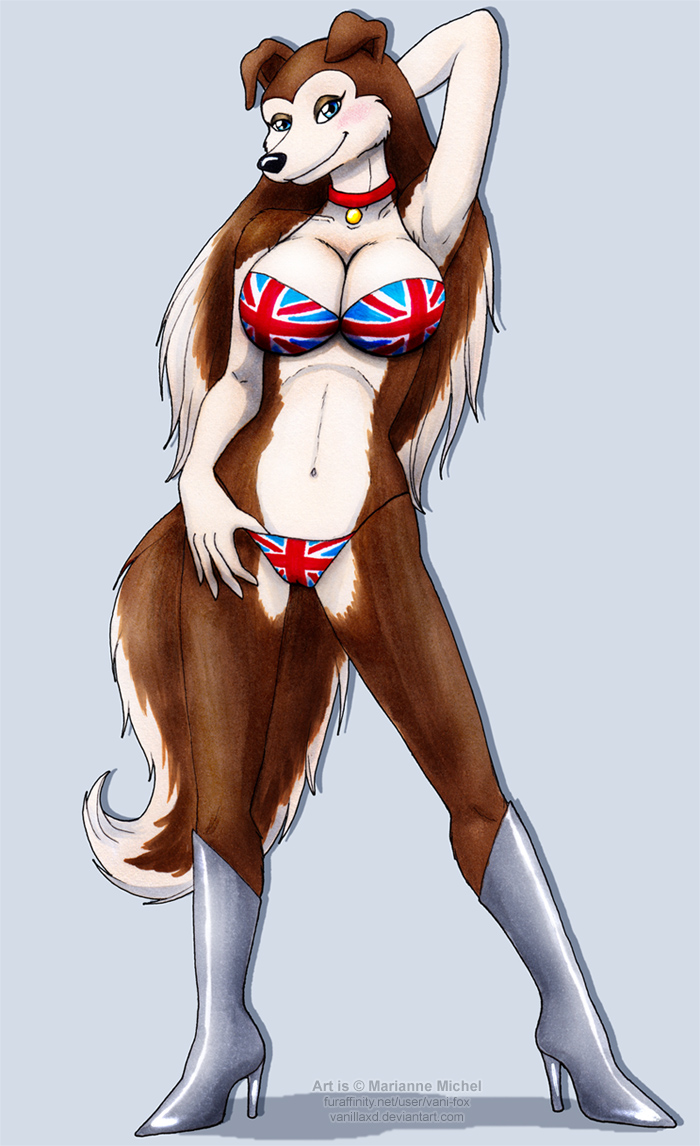 anthro bikini biped blue_eyes breasts clothed clothing collar female flag flag_bikini flag_clothing flag_print flag_swimwear looking_at_viewer navel print_bikini print_clothing print_swimwear skimpy solo standing swimwear tail two-piece_swimsuit union_jack union_jack_bikini vani-fox road_rovers colleen_(road_rovers) canid canine canis domestic_dog mammal