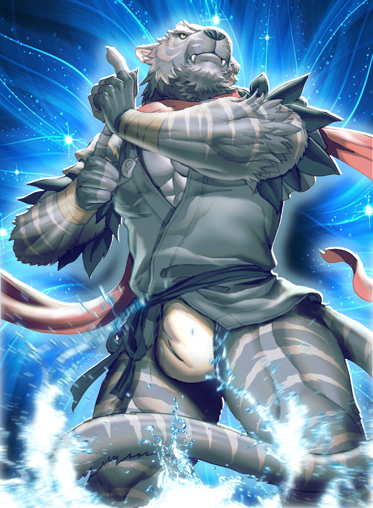 abs abstract_background angry anthro armband big_muscles black_nose blue_body blue_fur bulge claws clothing fangs front_view fur gloves grey_body grey_fur handwear looking_up magic male multicolored_body multicolored_fur muscular muscular_anthro muscular_male neck_tuft pecs pose shirt solo star stripes teeth topwear tuft two_tone_body two_tone_fur underwear water white_body white_fur yellow_eyes kumahachi0925 felid mammal pantherine tiger digital_media_(artwork)