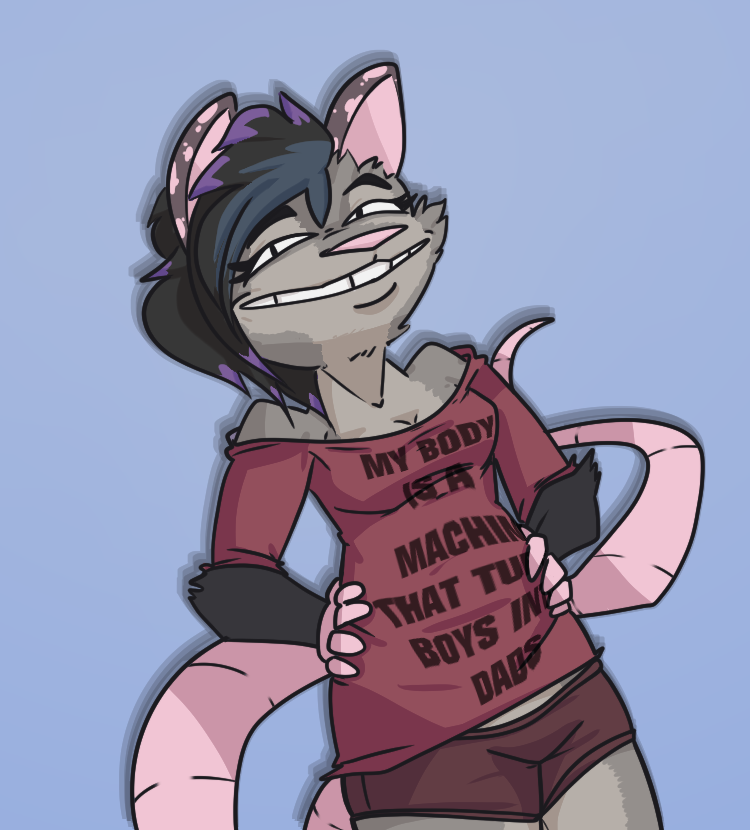 anthro blue_background bottomwear clothed clothing female hands_on_waist looking_at_viewer shirt shorts simple_background smile smug solo standing text text_on_clothing text_on_shirt text_on_topwear topwear plushyopossum notde_(character) american_opossum mammal marsupial virginia_opossum english_text meme