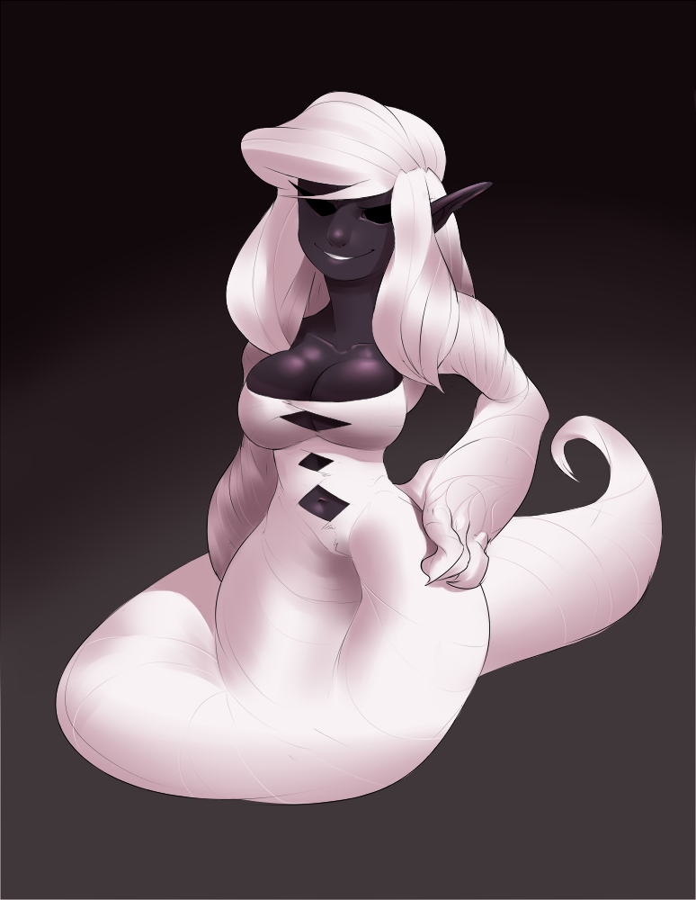 big_breasts breasts cleavage clothed clothing female ghost_tail grey_body grey_skin hair navel not_furry smile solo white_hair lagalamel elf ghost humanoid spirit