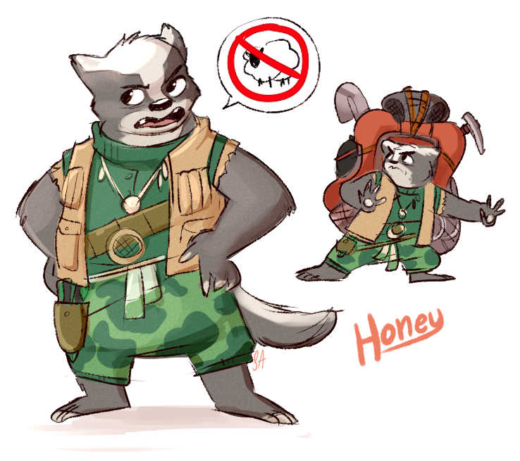 anthro backpack barefoot biped clothed clothing feet female fully_clothed hands_on_hips jewelry necklace pickaxe shovel solo stereo tools topwear vest hazardgirl-art disney zootopia honey_badger_(zootopia) badger honey_badger mammal mustelid musteline 2016 multiple_scenes