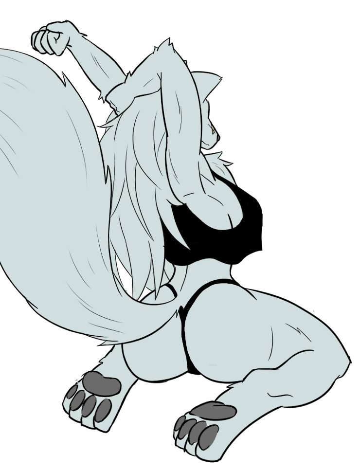 anthro arms_above_head back_boob big_breasts breasts chest_tuft clothing exposure_variation female muscular muscular_anthro muscular_female panties pawpads rear_view scar simple_background solo stretching tuft underwear white_background rakkuguy velvela canid canine canis mammal wolf