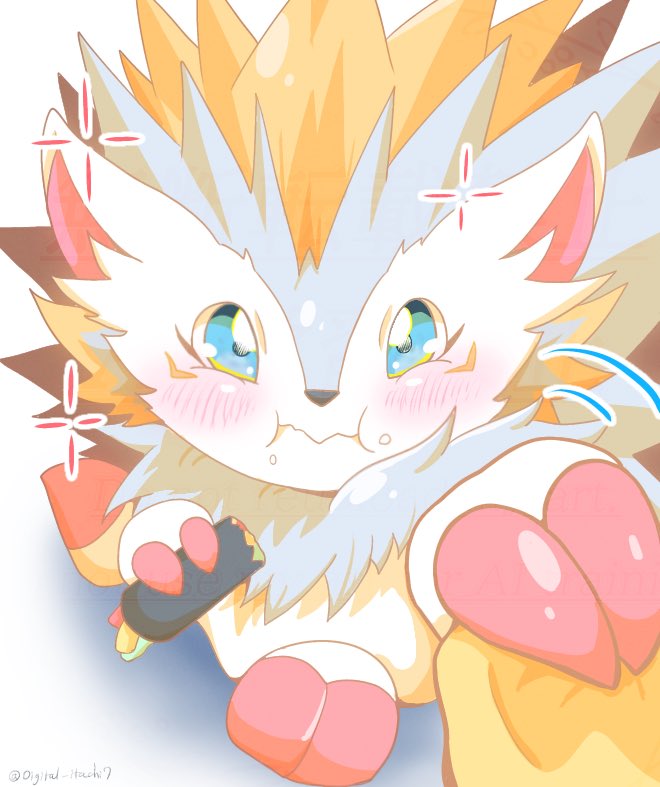 anthro blue_eyes blush duo eating ehomaki first_person_view food fur makizushi pov_hand_holding spines sushi white_body white_fur digital_itachi7 bandai_namco digimon digimon_(species) herissmon