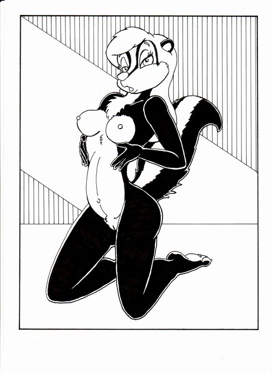 anthro breasts eyelashes female fur genitals hair kneeling navel nipples nude pussy solo tail steamfox mammal mephitid skunk black_and_white monochrome