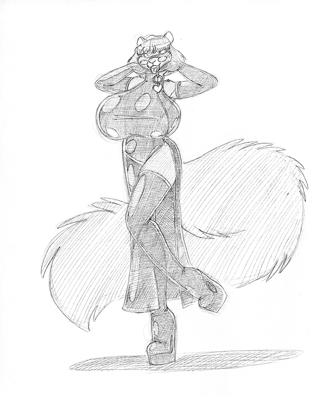 anthro armwear big_breasts biped boots breasts clothing dress elbow_gloves female fluffy fluffy_tail footwear gloves handwear high_heels huge_breasts latex legwear looking_at_viewer on_one_leg shoes simple_background solo standing tail thigh_highs tongue tongue_out wolfkidd haley_maruti mammal rodent sciurid tree_squirrel 2018 greyscale monochrome