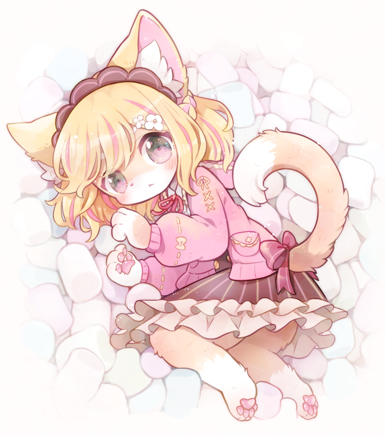 alternative_fashion anthro biped blonde_hair blush clothed clothing female fur hair headgear headwear highlights_(coloring) inner_ear_fluff j-fashion kemono lolita_(fashion) looking_at_viewer lying pawpads pink_highlights pink_pawpads solo tuft yellow_body yellow_fur young young_anthro young_female kuo0 felid mammal