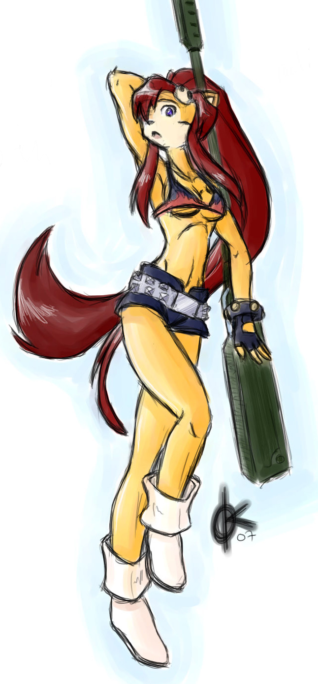 alternate_species anthro bottomwear bra clothed clothing cosplay female flame_bikini flame_pattern furrification gun hair ranged_weapon red_hair shorts simple_background skimpy solo tail tomboy underwear weapon white_background kenfoxx tengen_toppa_gurren_lagann yoko_littner canid canine fox mammal hi_res