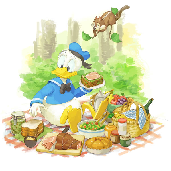 beak being_watched bottle clothing container duo food fruit hat headgear headwear looking_at_another male picnic plant sandwich_(food) sitting tree nemurism disney donald_duck anatid anseriform avian bird chipmunk duck ground_squirrel mammal rodent sciurid 1:1 2012