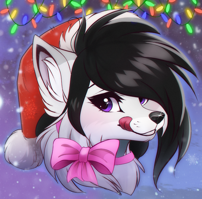 anthro black_hair christmas_clothing christmas_headwear christmas_lights clothing female fur grey_body grey_fur hair hat headgear headwear holidays looking_at_viewer purple_eyes ribbons santa_hat simple_background smile snow solo teeth tongue tongue_out white_body white_fur layala christmas aggie arctic_fox canid canine fox mammal true_fox 2017 digital_media_(artwork)