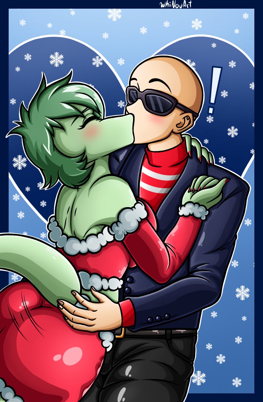 5_fingers anthro bald belt blush bottomwear breast_squish breasts butt christmas_clothing clothing colored_nails detailed_background duo eyes_closed eyewear female female_anthro female_on_human fingers fist fur_trim_(clothing) green_body green_hair green_scales hair hand_on_back hand_on_hip heart_symbol holidays human_on_anthro interspecies jacket kiss_on_lips long_tail low_cut_shirt male male/female male_on_anthro nails obstructed_eyes pants red_nails scales shirt snowflake squish sunglasses tail topwear whinouart cavemanon_studios christmas i_wani_hug_that_gator inco_(iwhtg) olivia_halford baryonyx dinosaur human mammal prehistoric_species reptile scalie spinosaurid theropod colored hi_res