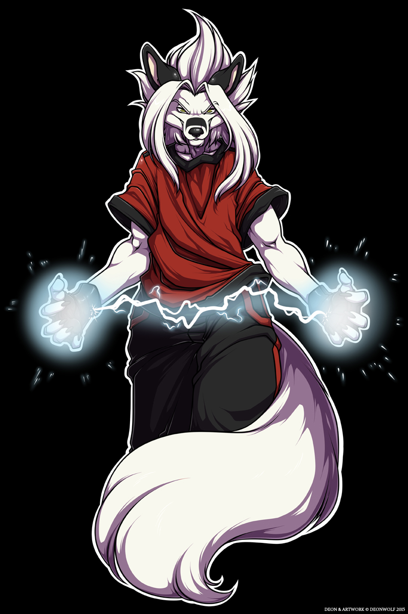 anthro bottomwear clothing electricity electrogenesis fur hair male pants shirt solo topwear white_body white_fur white_hair yellow_eyes deonwolf deon_(deonwolf) canid canine canis mammal wolf 2015 digital_media_(artwork) hi_res