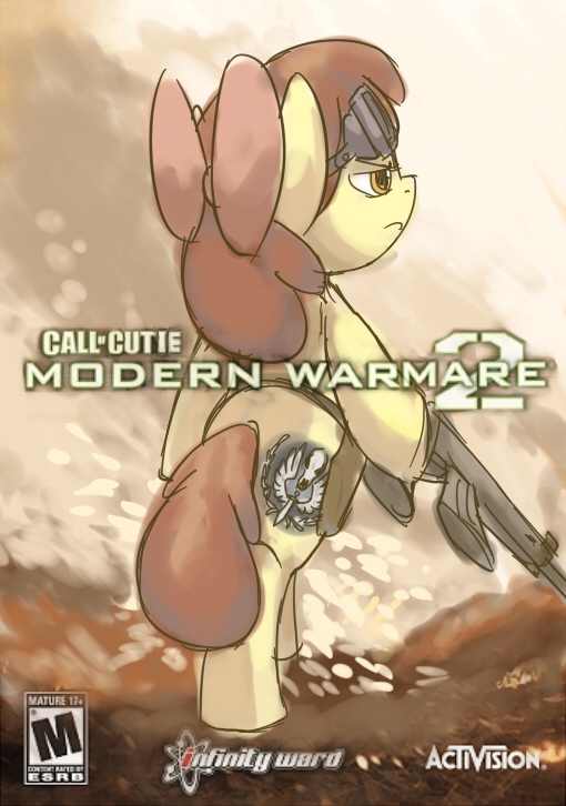 anthro brown_eyes female gun parody ranged_weapon solo tail weapon modern-warmare activision call_of_duty friendship_is_magic hasbro my_little_pony apple_bloom_(mlp) earth_pony equid equine horse mammal pony