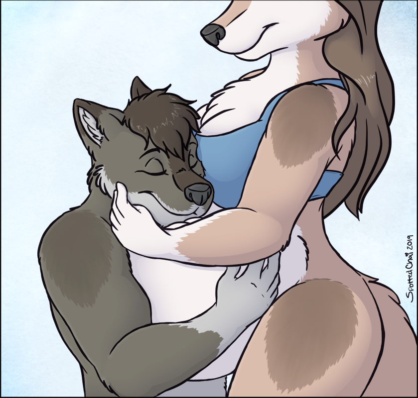 anthro belly big_belly breasts cleavage clothed clothing duo eyes_closed female hug intraspecies male male/female pregnant pregnant_anthro pregnant_female smile geckoguy123456789 spottedchai jennifer_(geckoguy123456789) logan_(geckoguy123456789) canid canine canis mammal wolf