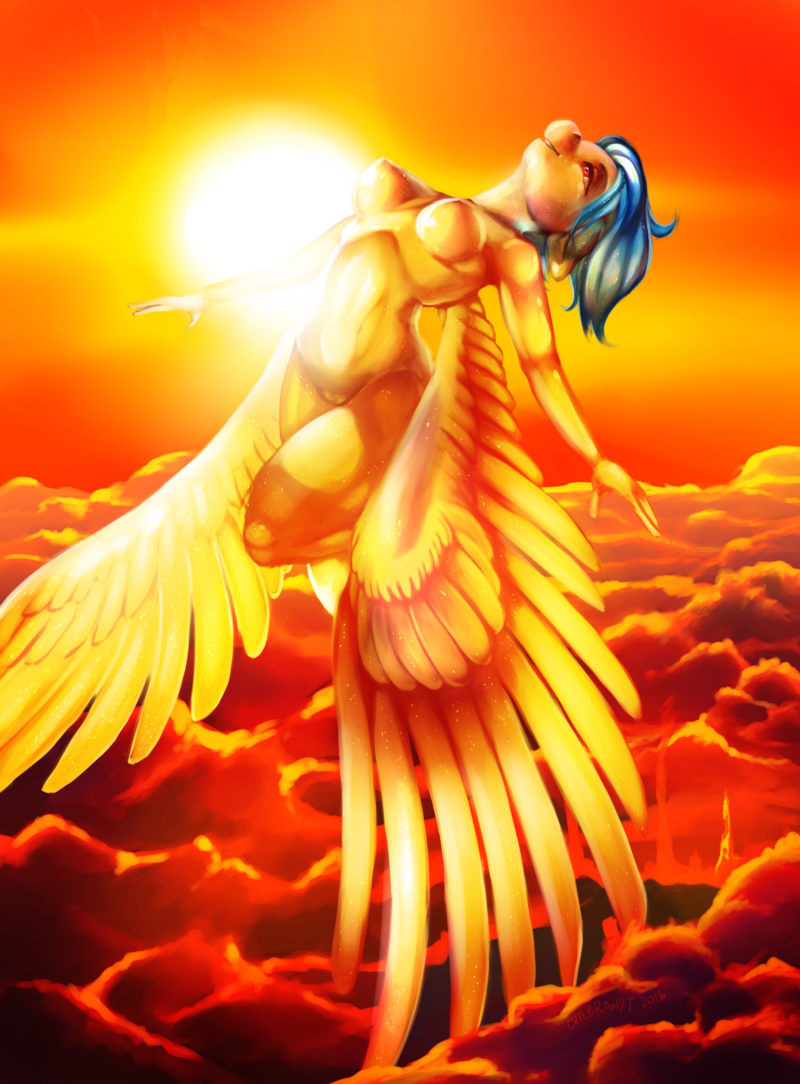 anthro breasts feathered_wings feathers female genitals nipples nude pussy solo sun wings pixel-prism mythology equid equine mammal mythological_creature mythological_equine pegasus 2016