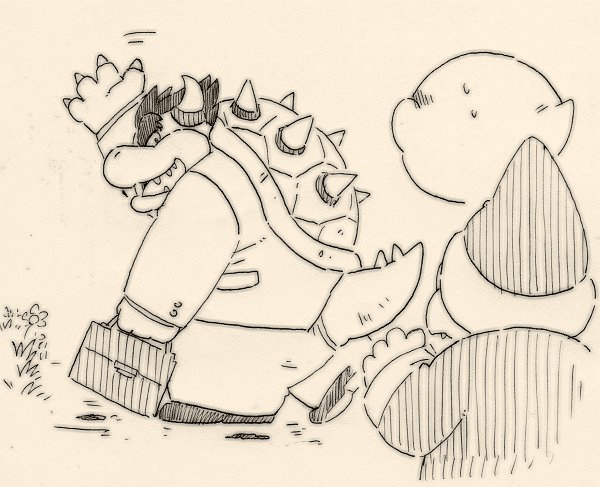 4_fingers anthro briefcase business_suit claws clothing eyebrows fingers floating_head_creature flower gesture group horn male plant shell spiked_shell spikes spikes_(anatomy) suit thick_eyebrows walking waving garouzuki mario_bros nintendo bowser kamek boo_(mario) koopa magikoopa reptile scalie monochrome sketch