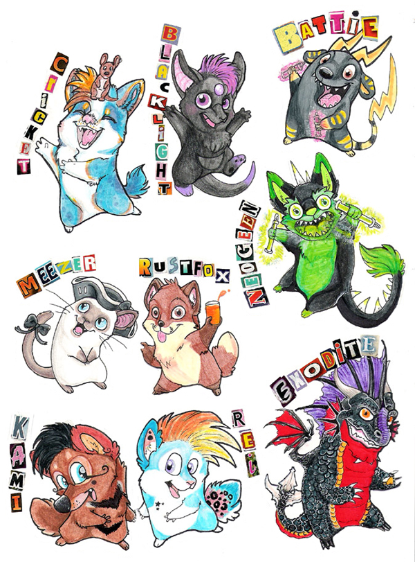 ambiguous_gender anthro chibi duo fur glowstick solo tail chival mythology exodite neogeen_(character) dragon kangaroo macropod mammal marsupial mythological_creature mythological_scalie scalie kami_(disambiguation) character_badge_(artwork) colored_pencil_(artwork) marker_(artwork) mixed_media multiple_images traditional_media_(artwork)