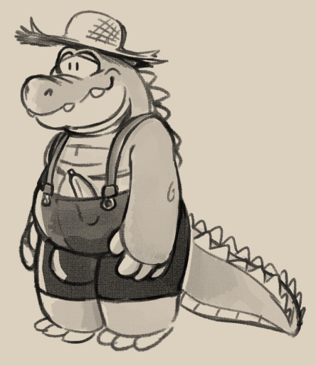 anthro banana bulge clothing food fruit hat headgear headwear male overalls plant slightly_chubby solo straw_hat daftpatriot link's_awakening nintendo the_legend_of_zelda sale_(tloz) alligator alligatorid crocodilian reptile scalie 2018