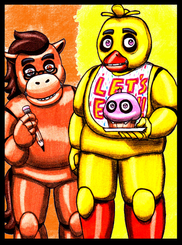 5_fingers ambiguous_gender anthro beak bib black_border black_eyebrows black_eyewear black_glasses border brown_body brown_eyes brown_hair brown_tail clothing eyebrows eyewear featureless_crotch female female_anthro fingers glasses group hair heterochromia holding_object holding_pencil holding_plate larger_anthro larger_female light looking_at_viewer machine medium_hair on_plate orange_beak pencil_(object) pink_eyes rectangular_glasses simple_background size_difference smaller_ambiguous standing tail teeth text text_on_bib text_on_clothing thick_eyebrows toothed_beak trio white_bib yellow_body tehcreechibi five_nights_at_freddy's scottgames chica_(fnaf) cupcake_(fnaf) fan_character sketch_(tehcreechibi) animatronic avian bird chicken equid equine galliform gallus_(genus) horse mammal phasianid robot 2014 colored english_description english_text lighting marker_(artwork) shaded traditional_media_(artwork)
