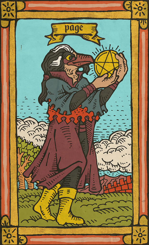 beak card card_template clothed clothing cloud facial_hair fortune_telling fur hair holding_object male minor_arcana occult_symbol outside page_of_pentacles_(tarot) pentacle pentacles_(tarot) sky solo standing symbol tarot tarot_card text yellow_sclera musorok avian english_text