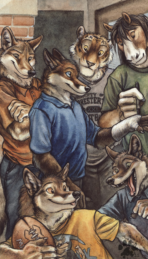 anthro black_nose cast claws clothed clothing fangs group male standing teeth tongue whiskers blotch isolation_play kyell_gold devlin_miski wiley_farrel canid canine canis coyote equid equine felid fox horse mammal pantherine tiger 2011 detailed